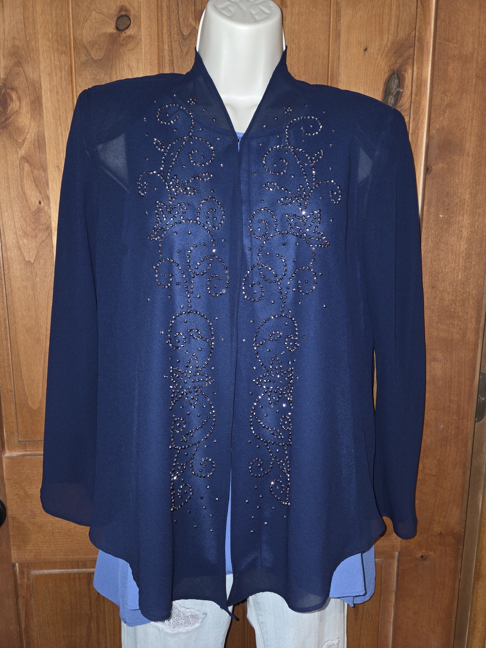 R&M Richards Navy‎ Beaded Sheer Chiffon Shrug